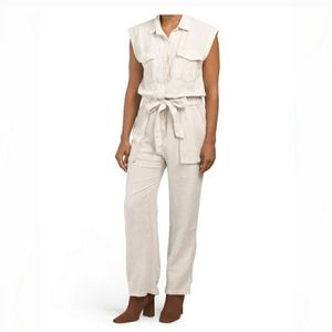 NEW Young Fabulous & Broke x Revolve Cuba Jumpsuit Cream linen cargo pockets L